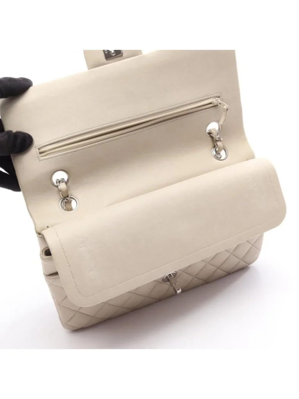 Chanel Shoulder Bag Quilted Double Flap Light Gray Lambskin Chain